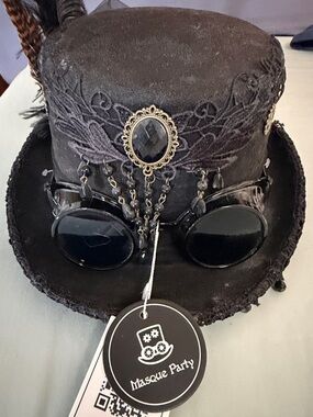 Black steam punk Top Hat with Veil and Feather Accent